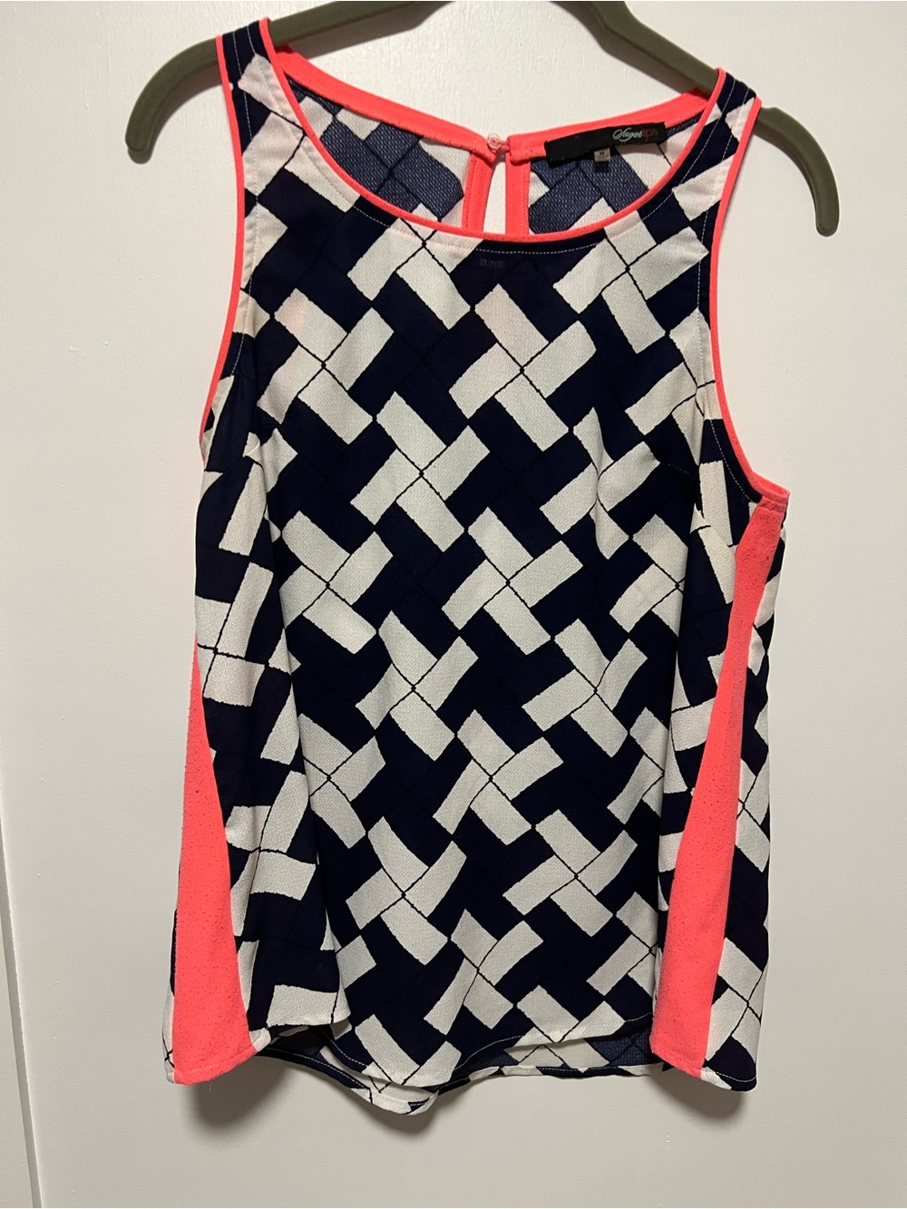 Sugarlips Navy & White Geometric Sleeveless Top with Coral Trim